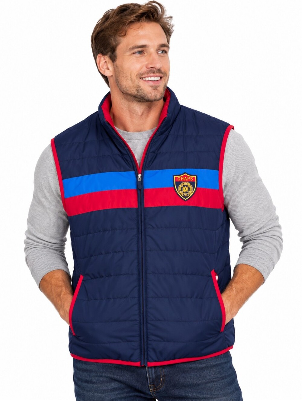 Chaps Mens Quilted Puffer Vest Full Zip Size XXL 2X Blue Red Preppy Crest Warm